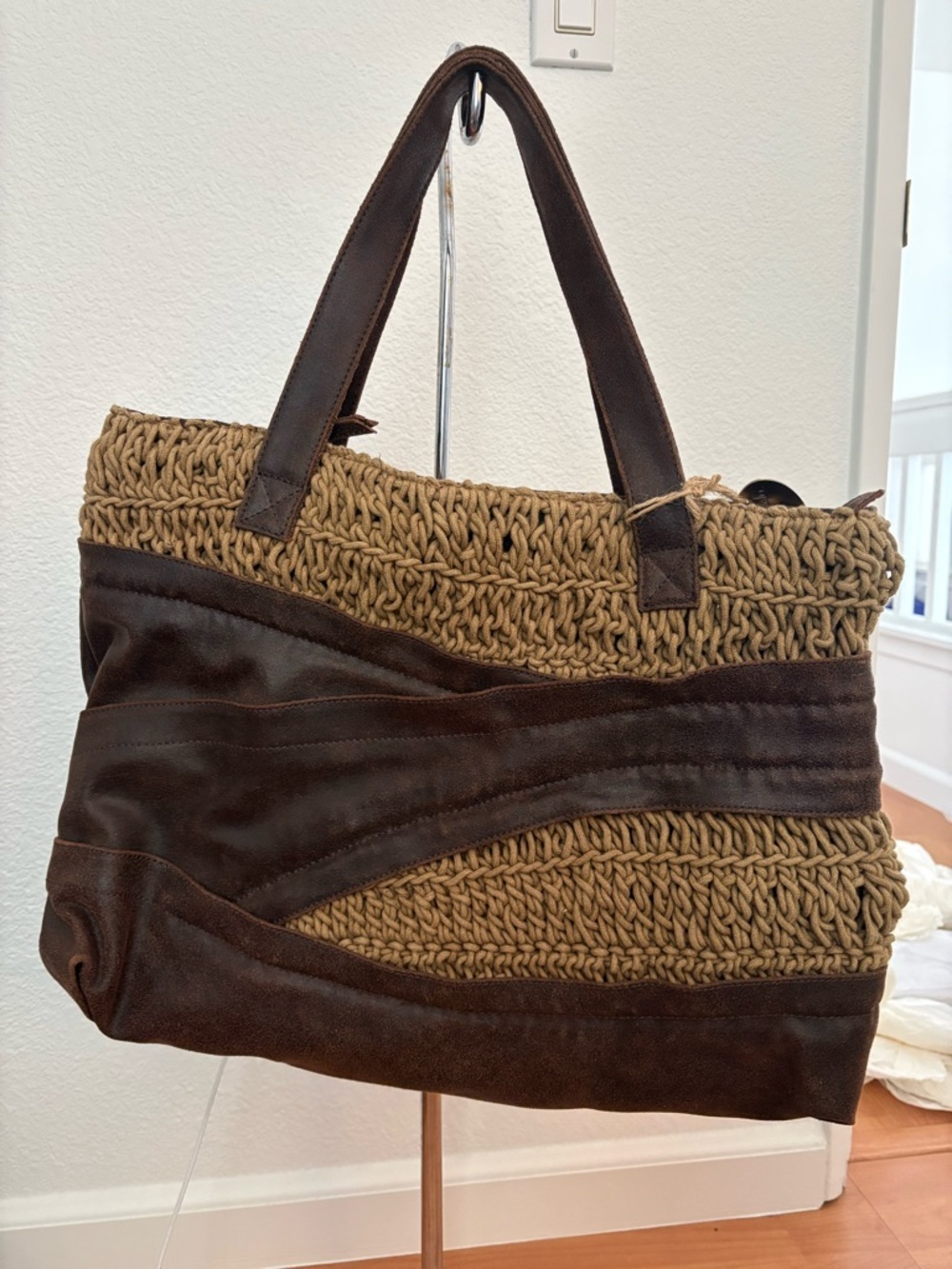 Woven Straw and Dark Brown Leather-Trim Tote - Picture 2 of 4